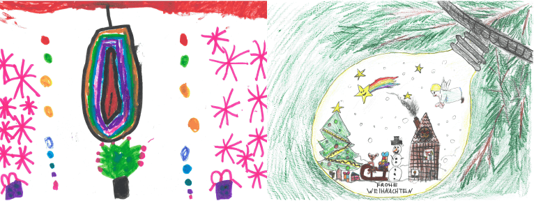 Selbst gemalte Bilder der Mitarbeiterkinder zum Weihnachtsmalwettbewerb 2024 mit dem freiwilligen Motto "Weihnachten in der Glühbirne"